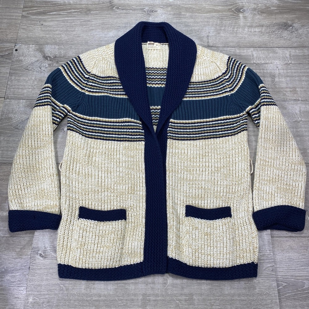Vintage Montgomery Ward Sweater Mens Medium Striped Shawl Collar Cardigan 80s‎